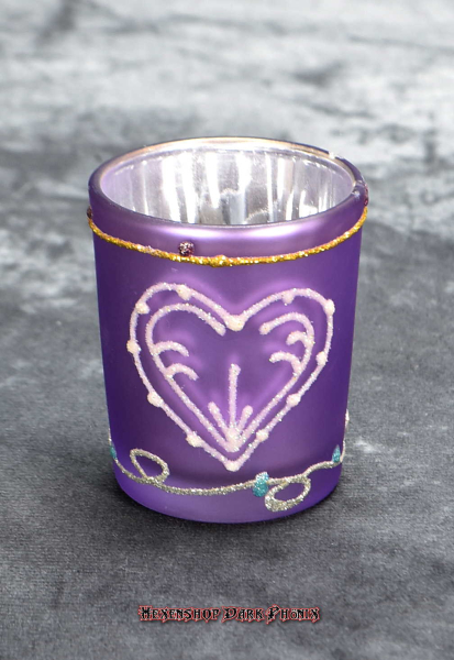 Hexenshop Dark Phönix Vintage Glasteelicht Herz in Lila Silber mit Glitzer Verzierung